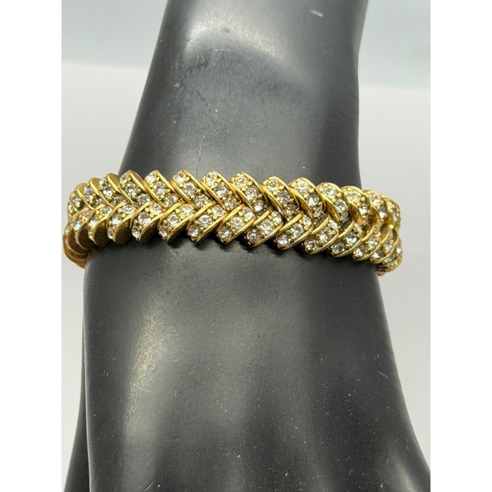 J Crew Chevron Pattern Gold Tone Clear Rhinestone Stretch Bracelet